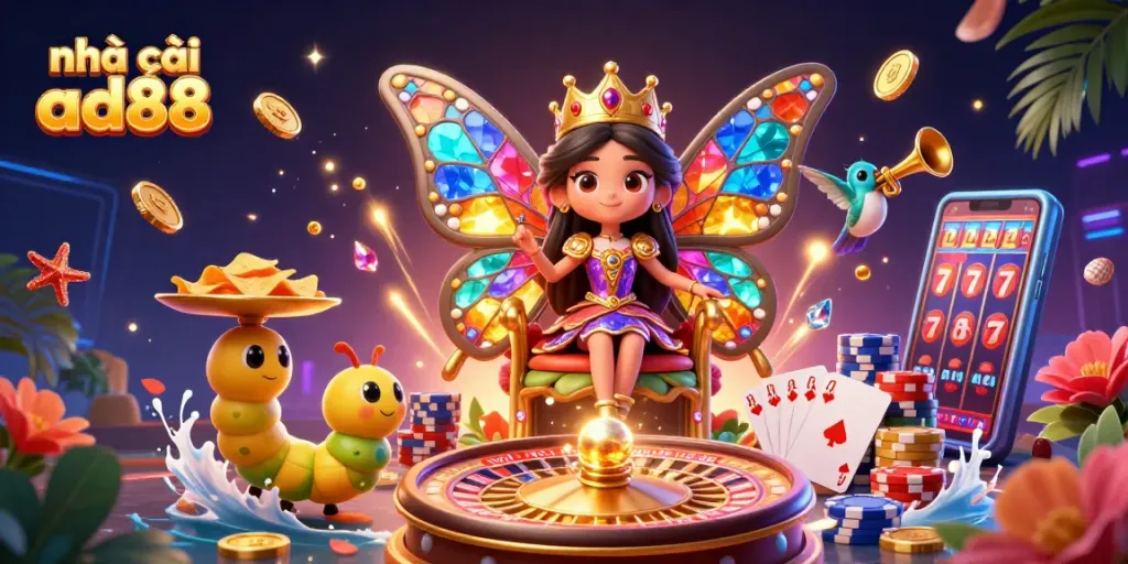 Engage with nhà cái ad88 and experience vibrant gaming features among cascading golden coins, magical characters, and thrilling casino elements.