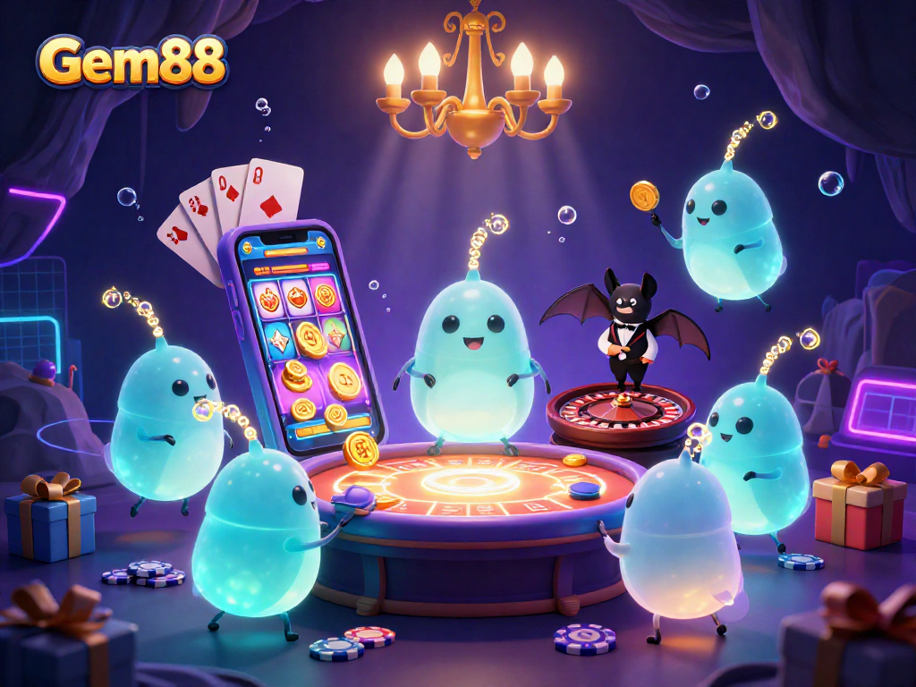 Experience Gem88's vibrant cave casino with glowing glowworms and dynamic gaming elements.