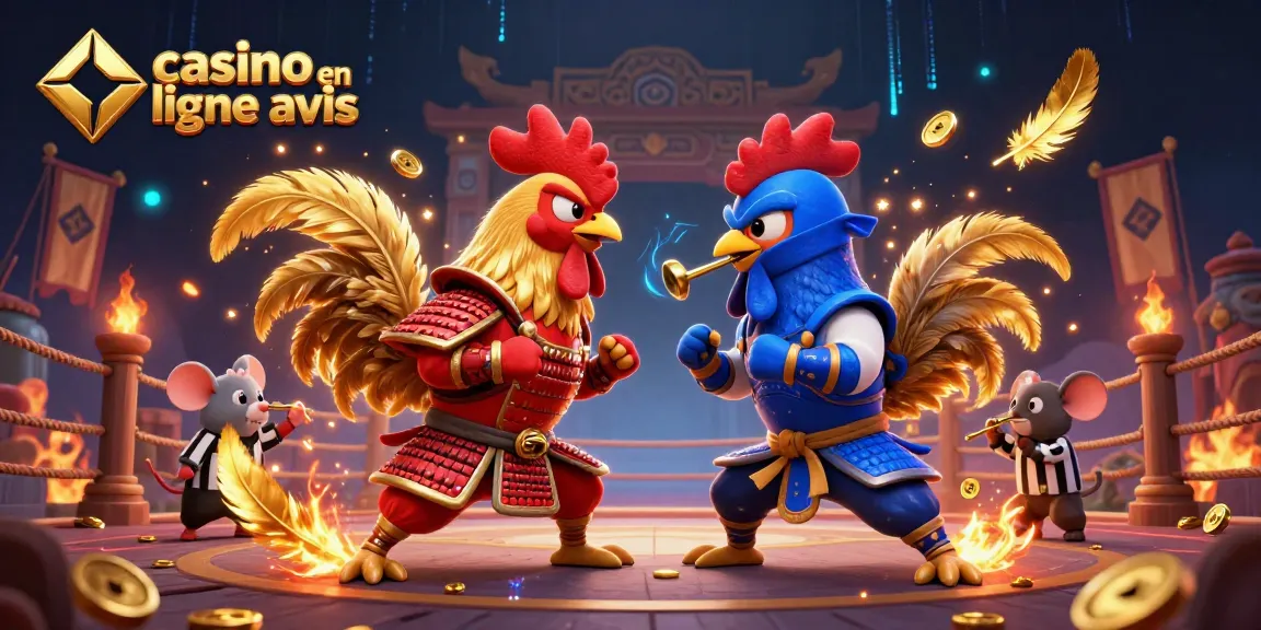 Casino en ligne avis : affrontement entre deux coqs cartoon dans une arène spectaculaire.