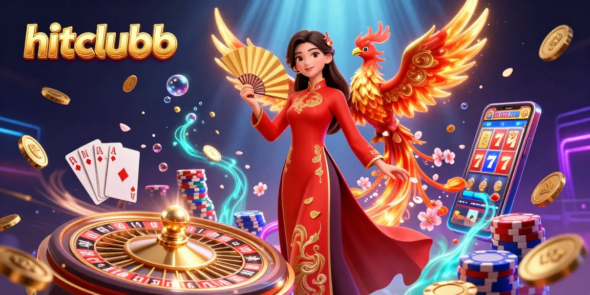 Experience the excitement of hitclubb with vibrant casino elements featuring a dynamic illustration of a Vietnamese character adorned with golden motifs.