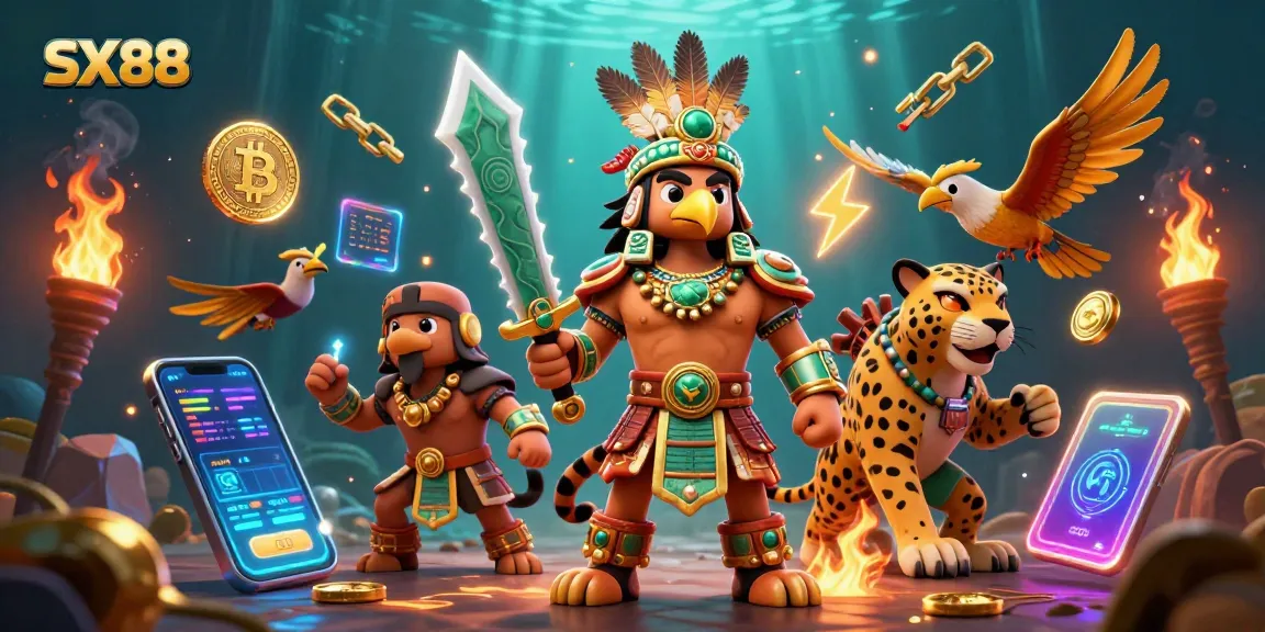 SX88 bets flourish with Aztec warriors amidst glowing crypto coins and vivid casino elements.