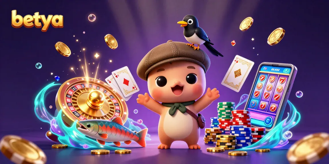 Betya's playful 3D Nessie and friends celebrate casino wins with coins and gems.