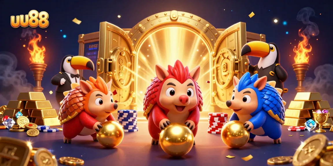 uu88 pangolins compete in a vibrant casino scene, showcasing poker chips and golden treasures.