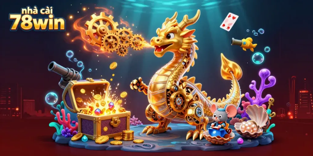 Play and win at nhà cái 78win with a captivating fantasy scene featuring a golden dragon and vibrant treasures.