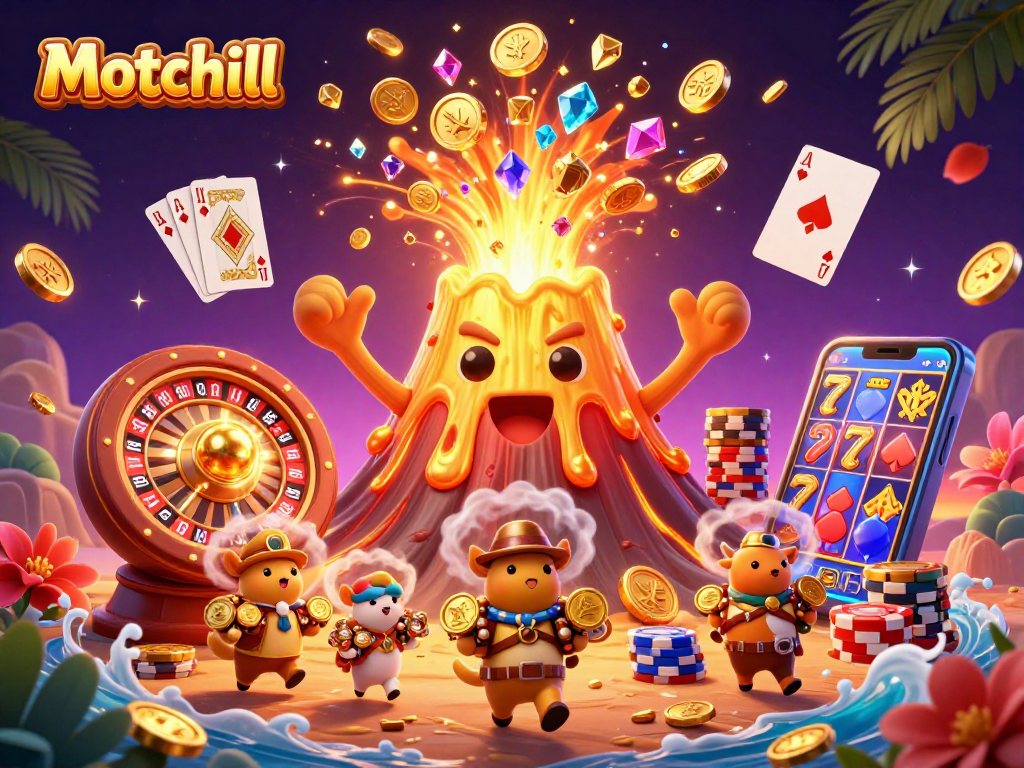 Experience the thrill of Motchill's online casino with a golden volcano erupting coins and treasures.