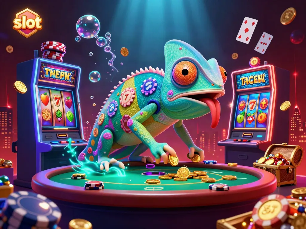Exciting scene with a chameleon casino owner and vibrant slot elements, showcasing thrilling gameplay.