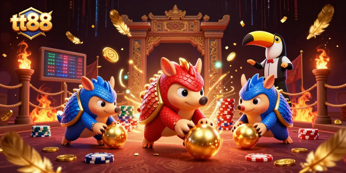 Experience thrilling gameplay with rival pangolins at tt88, surrounded by poker chips and vibrant casino elements.