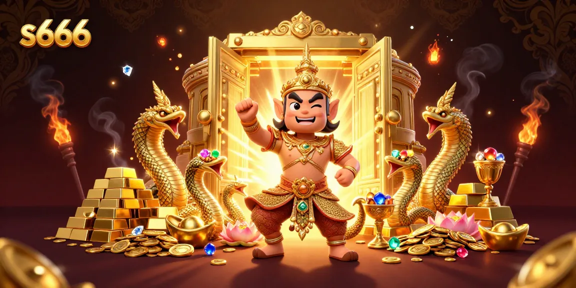 S666 captivates players with a vibrant 3D illustration of golden guardians and treasures, enhancing the casino experience.