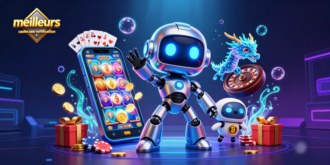 Visualisez les meilleurs casinos sans vérification avec un robot cybernétique et un dragon holographique en pleine action.
