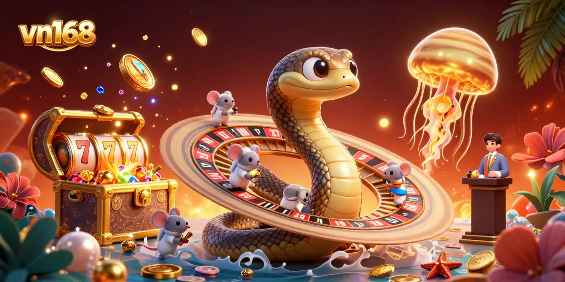 Engage in vibrant action with vn168's cosmic betting scene featuring a roulette snake and casino elements.