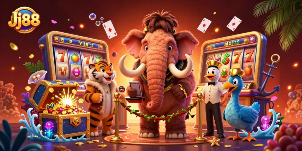 Experience thrilling casino excitement with Jj88 in a vibrant 3D illustration showing playful elements and action.
