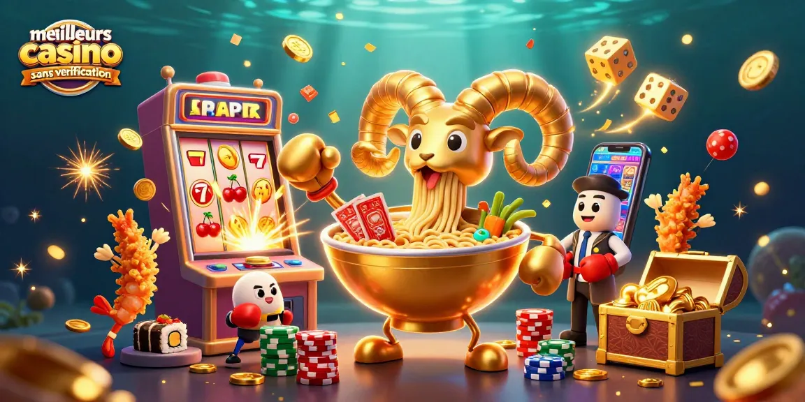 Illustration d'un ramen géant aux bras en nouilles, représentant les meilleurs casinos sans vérification, dans une scène de casino vibrant.