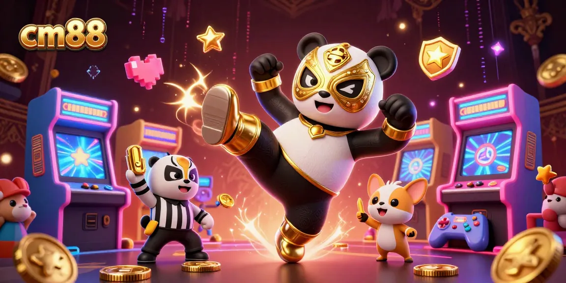 Engage in thrilling bets at cm88 with cartoon panda wrestler, neon elements, and vibrant casino atmosphere.