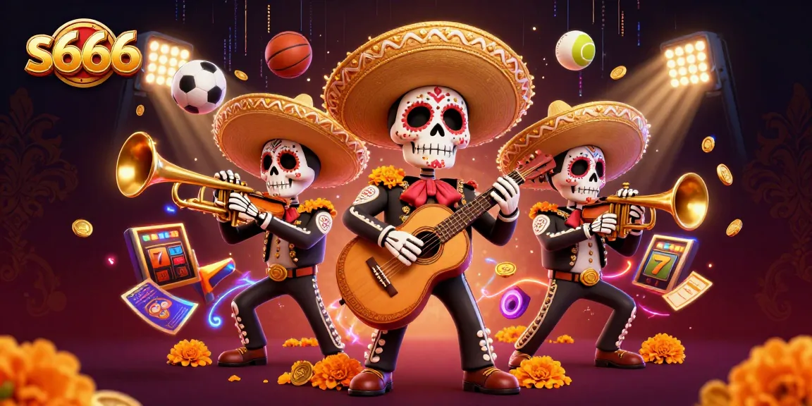 Experience dynamic gameplay action with S666 as skeleton musicians play amidst vibrant gambling elements.