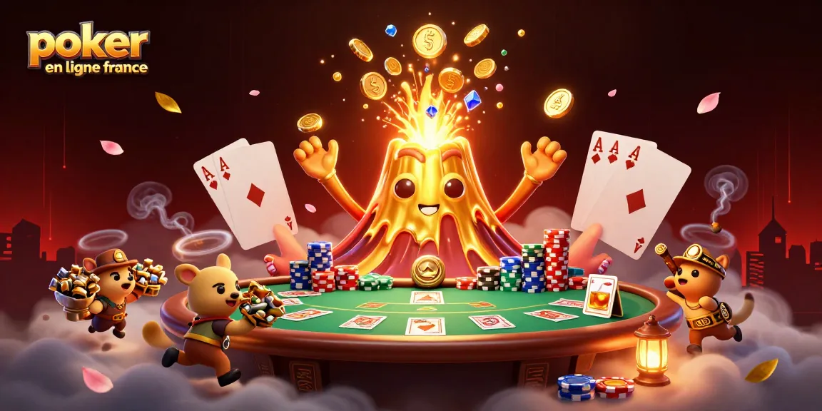 Jouer au poker en ligne en France, gagner des trésors avec un volcan d'or éruptif à l'arrière-plan.