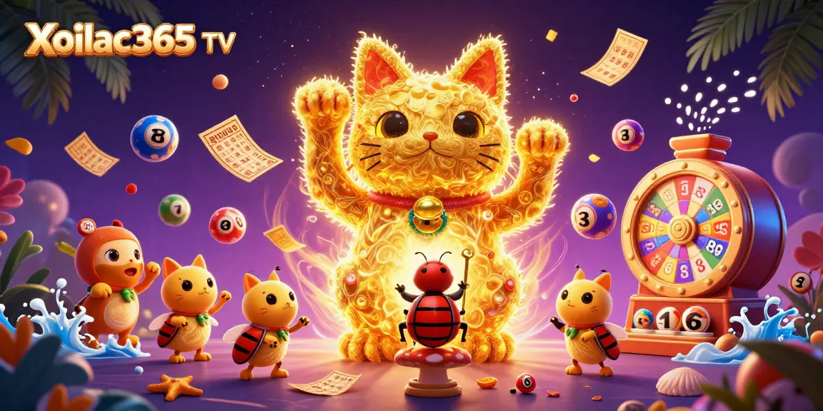 Experience dynamic casino action with Xoilac365 TV, featuring a lucky cat and vibrant lottery elements.