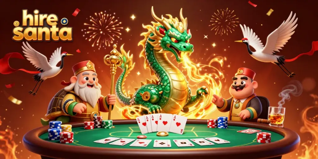 Engage in the festive action of hiring Santa with luxurious casino elements around a majestic dragon.