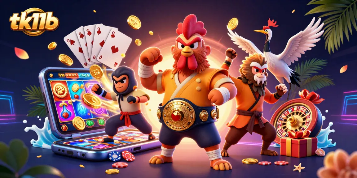 Engage in thrilling gameplay at tk11b with a vibrant scene of cartoon characters and online casino elements.