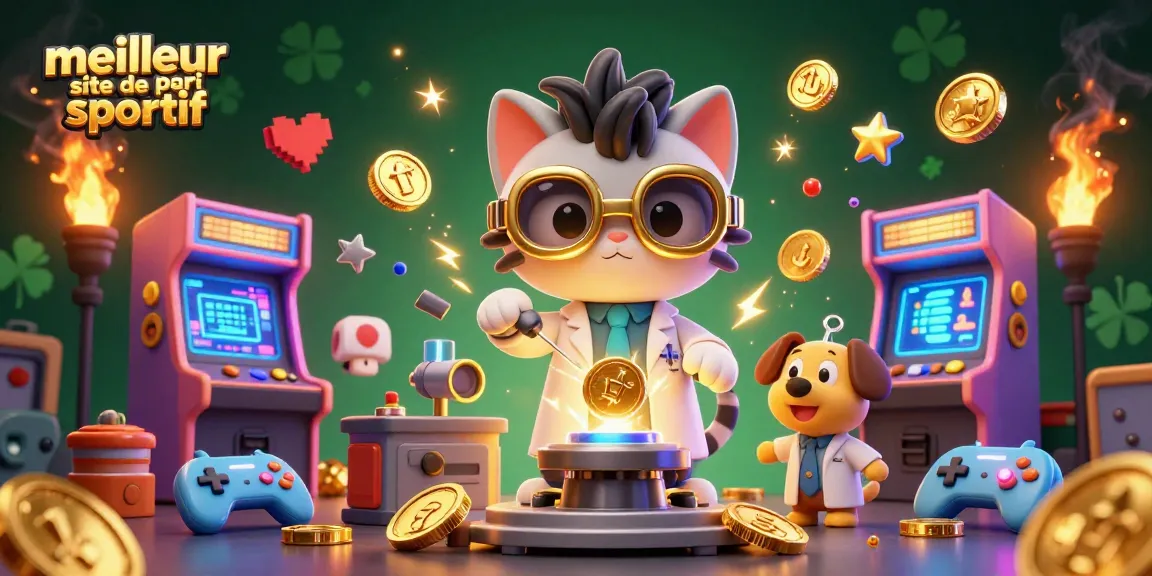 Visualisez le meilleur site de pari sportif avec un chat fou scientifique et un chien assistant, entourés de jeux d'arcade colorés.