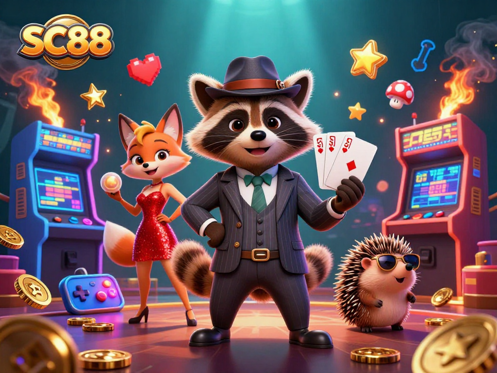 Experience thrilling gaming action with SC88, featuring animated characters and vibrant casino elements.