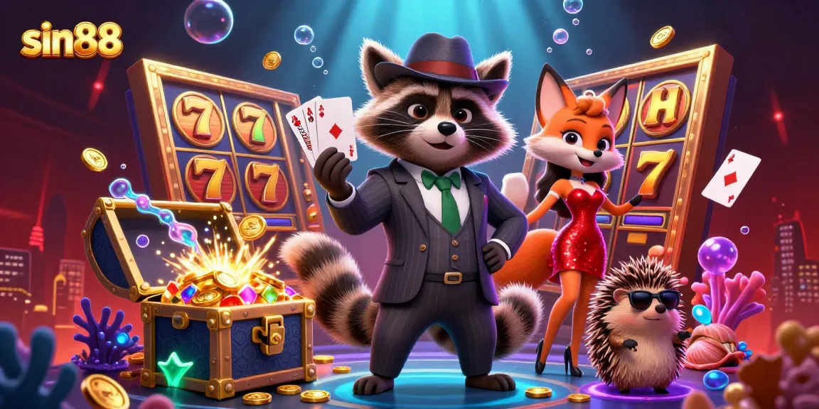 Experience the excitement of sin88 with raccoon character showcasing a royal flush in an engaging casino scene.