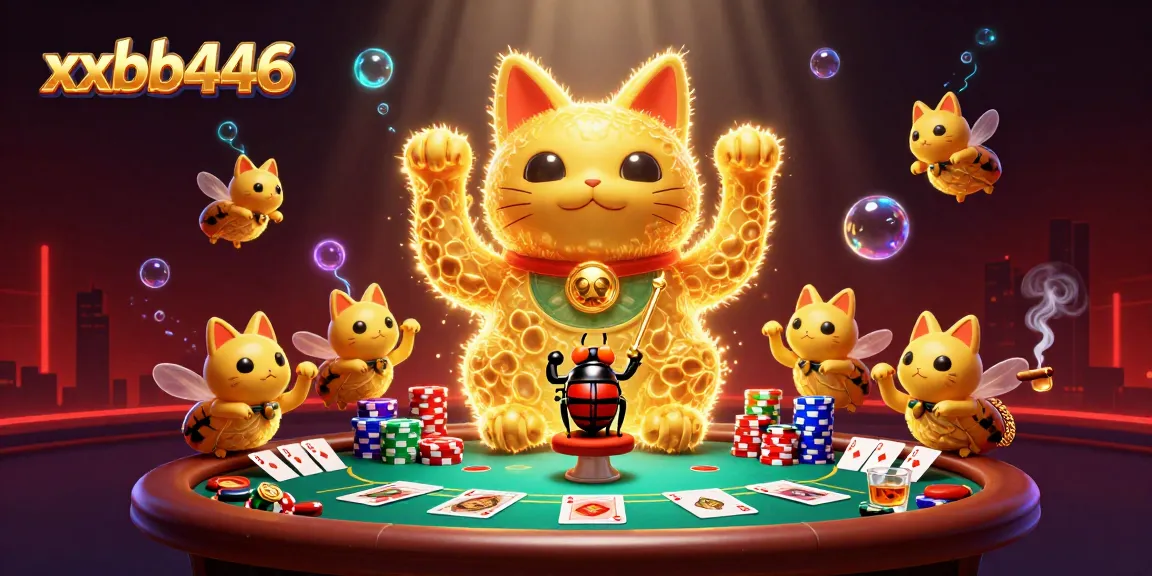 Experience the allure of xxbb446 with a vibrant 3D scene of a lucky cat, poker elements, and bioluminescent effects.