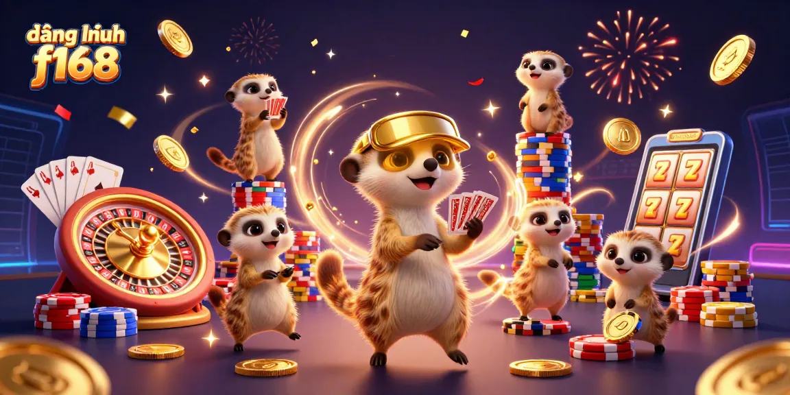 Engage with the excitement of đăng nhập f168 at a colorful casino with animated meerkats, spinning roulette, and vibrant decorations.