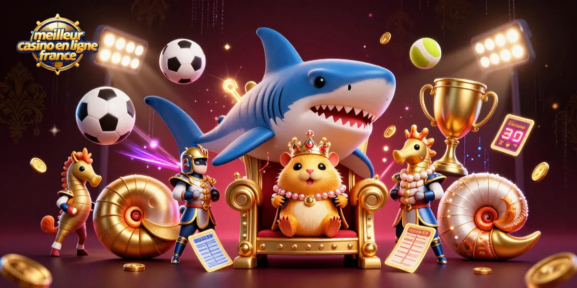 Illustration du meilleur casino en ligne France avec un roi hamster et des gardes en hippocampe sous un trône de dents de requin.