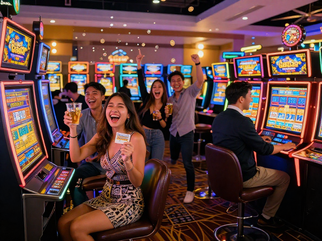 Excited group celebrating a win at "Slot Gacor" in a vibrant casino, joyful atmosphere.