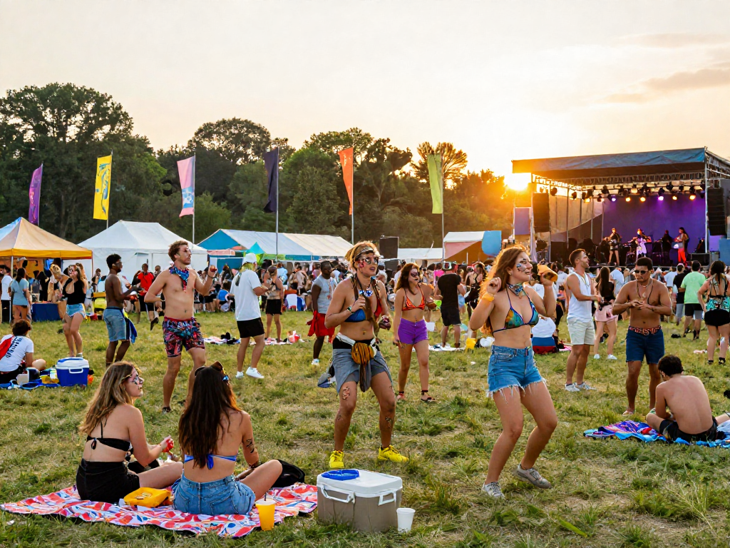 Motchill music festival scene with diverse friends celebrating summer vibes under golden hour light.
