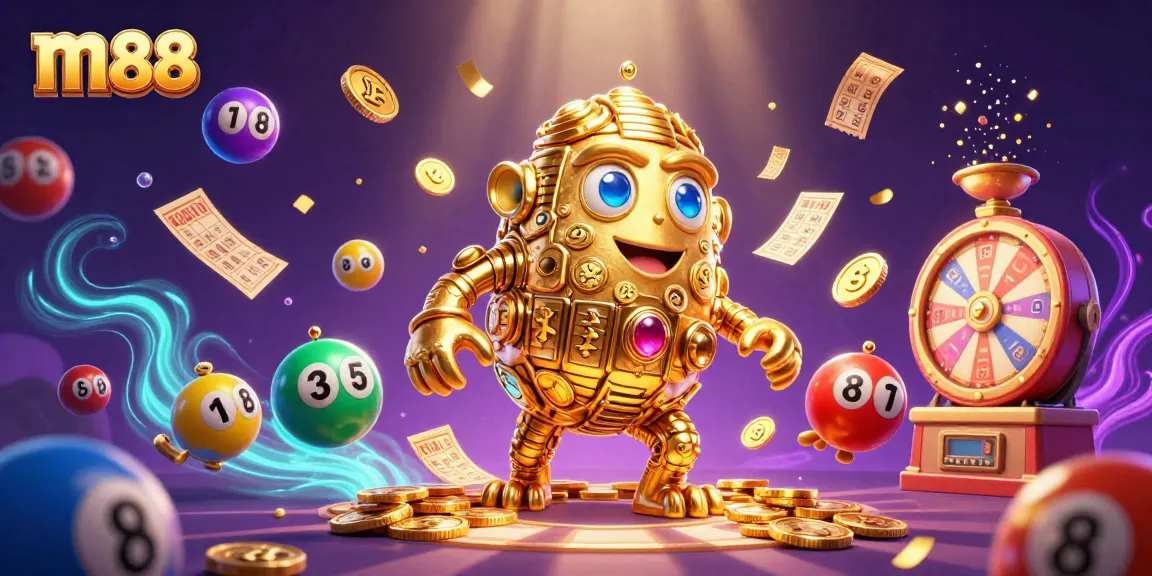 Engage with m88's thrilling online betting experience featuring vibrant lottery elements and golden golem.