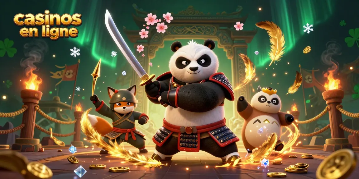 Jouer aux casinos en ligne avec un samouraï panda et un renard ninja dans une scène captivante.