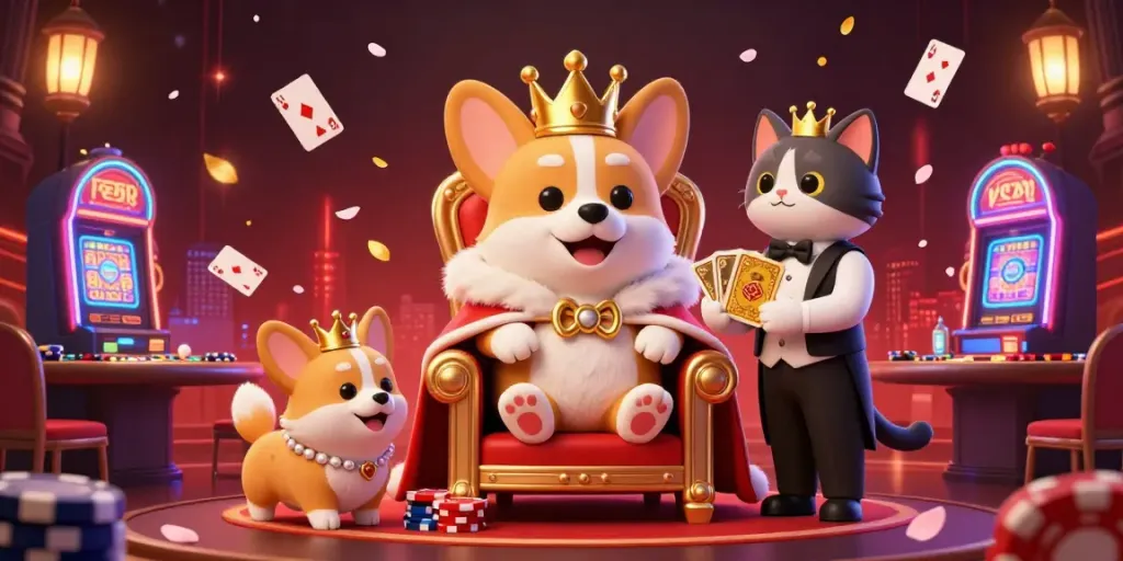 Experience the excitement of go88 with a royal corgi in a vibrant casino scene bursting with energy.