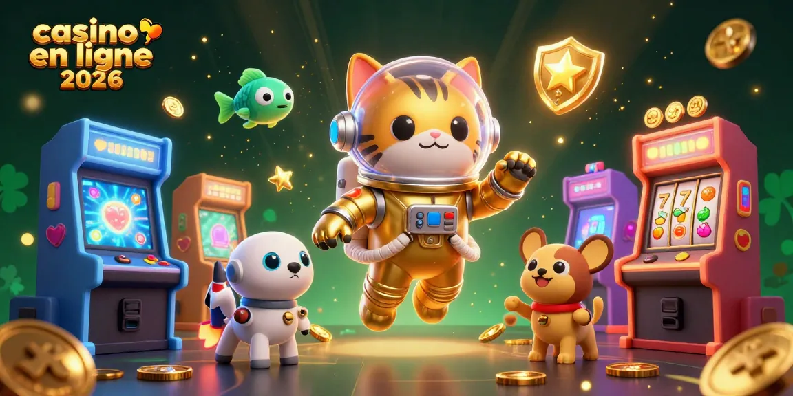 Visuel captivant de casino en ligne 2026 avec un chat astronaute et un chien robot, entourés d'éléments de jeux d'arcade.