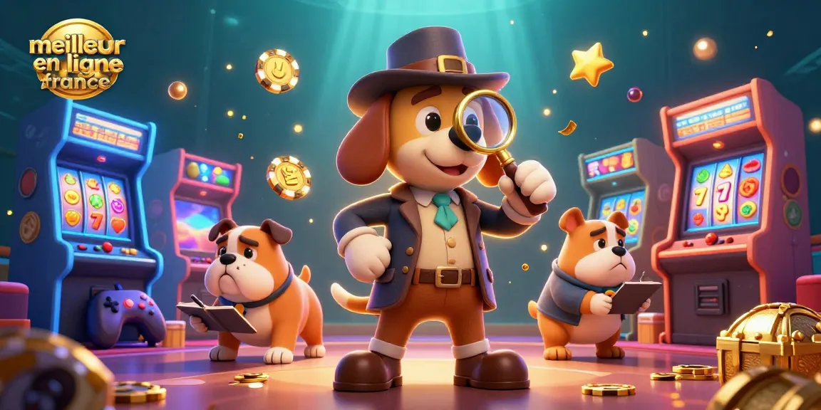 Illustration colorée représentant le meilleur casino en ligne France avec un détective et un bulldog, entourés de machines à sous.