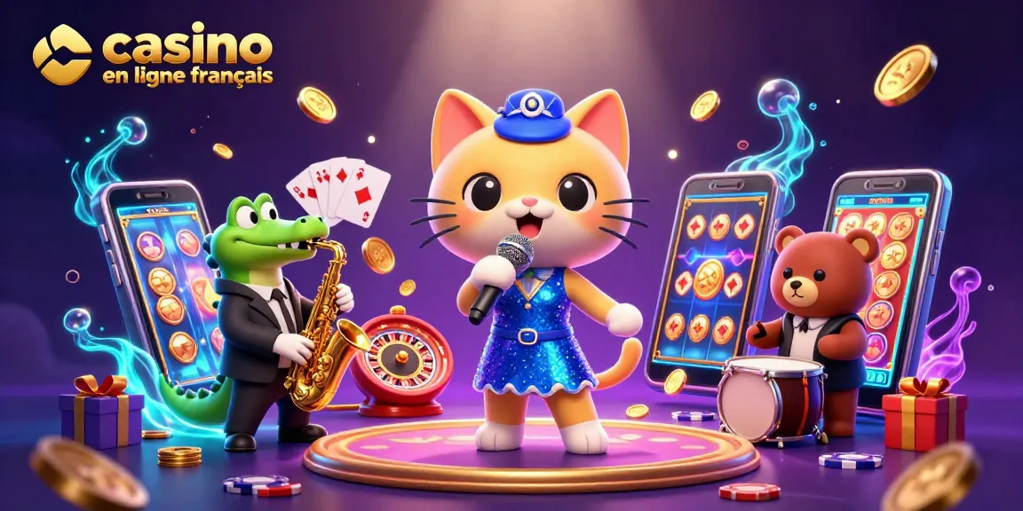 Jouez avec le meilleur casino en ligne français : ambiance festive avec une chanteuse jazzy et des animaux musicaux.