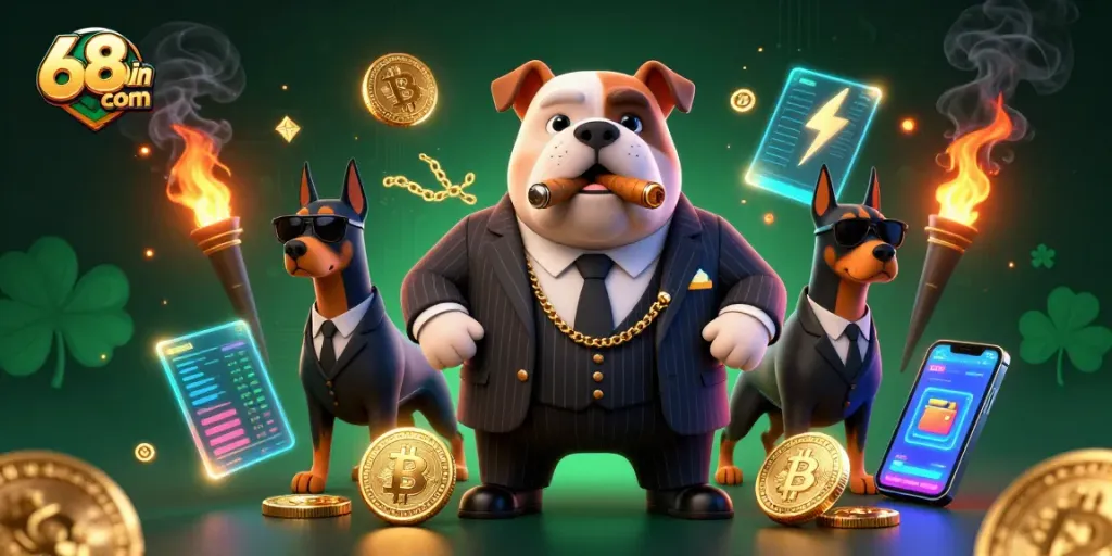 Engage with 68win com as a mafia boss bulldog leads a vibrant crypto casino illustration featuring dynamic gaming elements.
