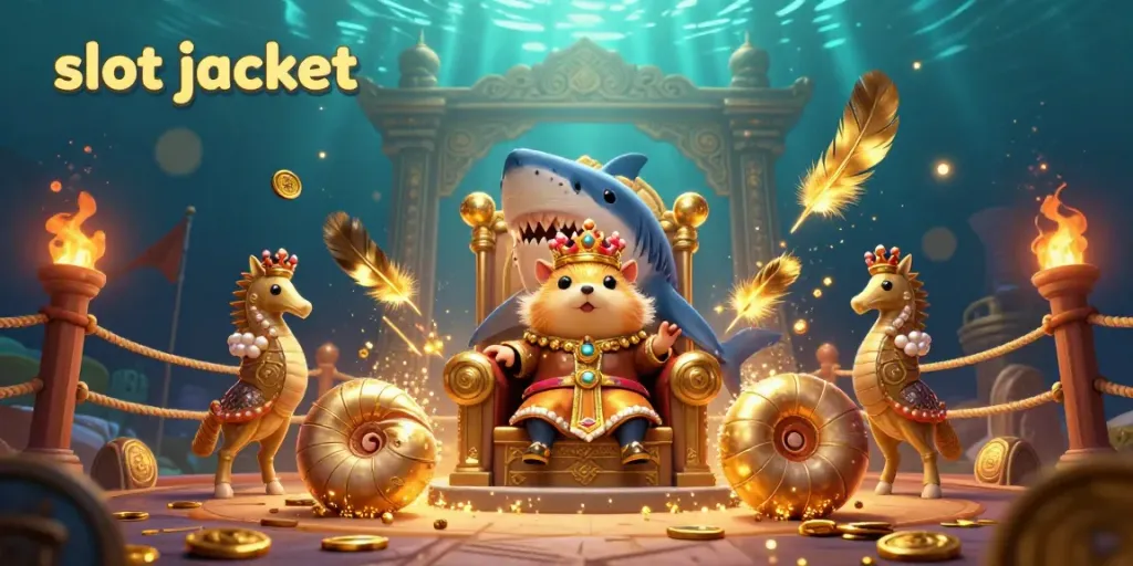 Masterful illustration featuring the slot jackpot theme with a king hamster and his seahorse guards amid a vibrant gambling arena.