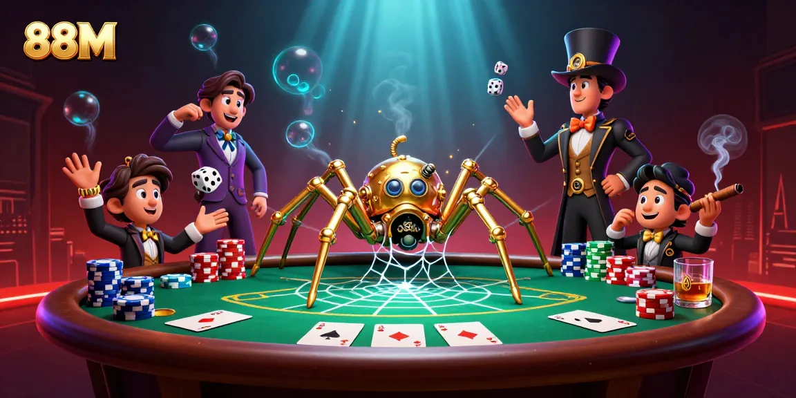 Engage in thrilling gameplay with 88M's mesmerizing exhibit of a spider and dice in a casino scene.