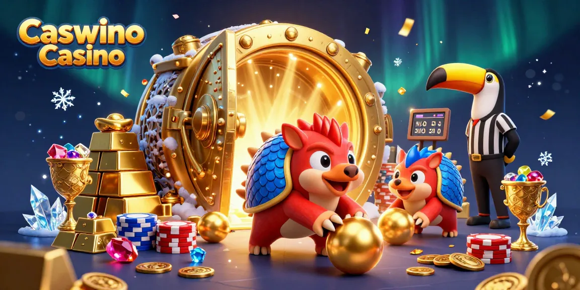 Experience thrilling action at Caswino Casino with rival pangolins bowling through poker chips, surrounded by treasures and vibrant effects.