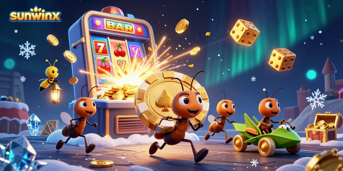 Experience the excitement of sunwinx with a heist by animated ants carrying a giant poker chip.