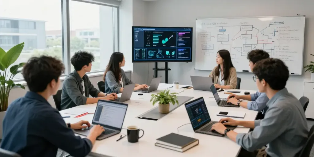 Team collaborating on Enterprise AI projects in a modern office environment.
