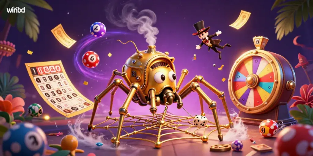 Engage with winbd's exciting gaming scene featuring a golden spider, lively lottery elements, and vibrant graphics.