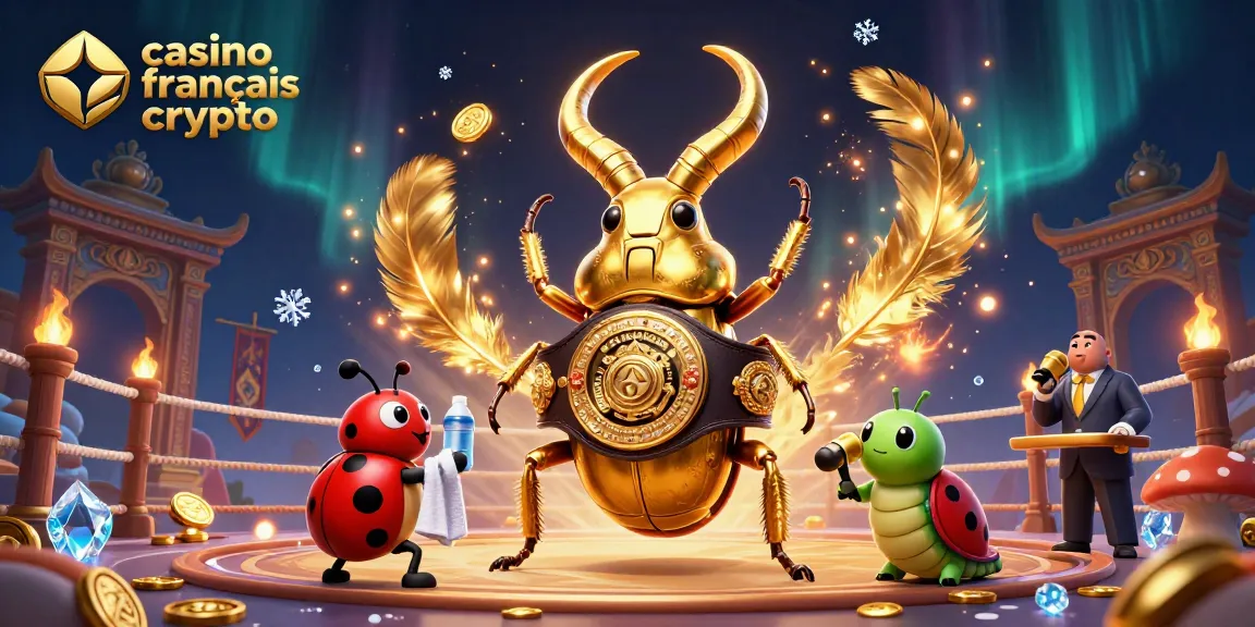 Illustration dynamique représentant un casino français crypto avec des personnages animés de coccinelles et de scarabées dans un combat.