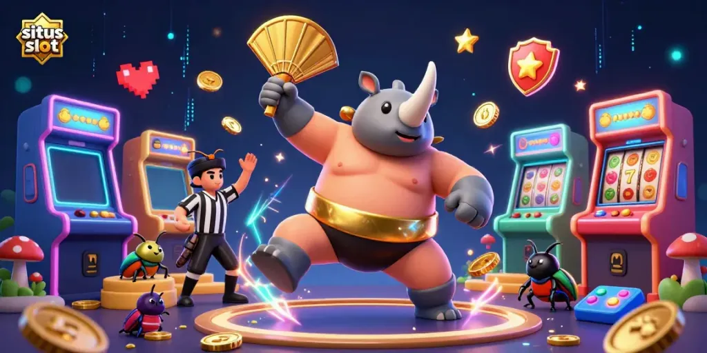 Feel the excitement at situs slot with a cartoon rhinoceros beetle sumo champion stomping gold coins, surrounded by colorful slot game elements.