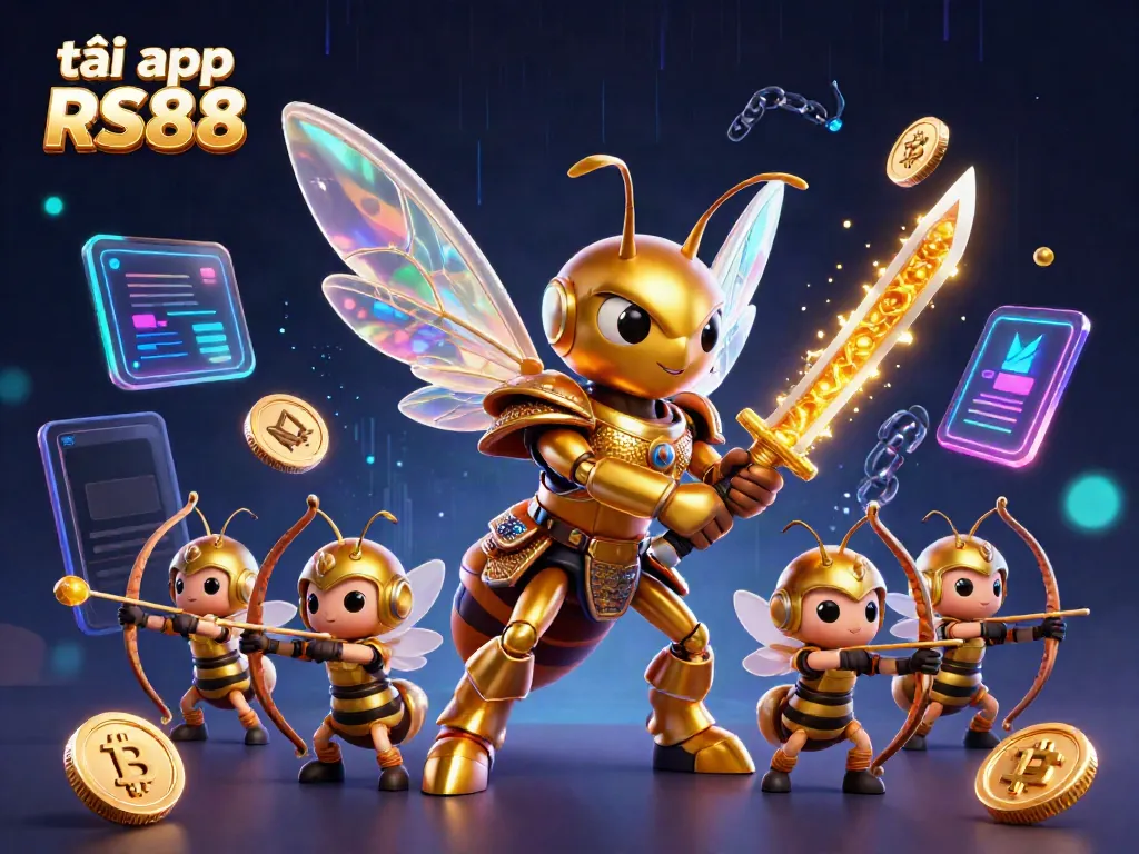 Experience the action of tải app RS88 with a dynamic 3D illustration featuring a giant golden hornet and crypto coins.