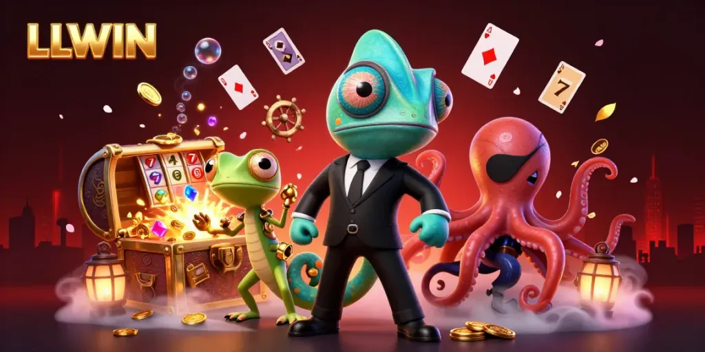 Experience the thrilling action of LLWIN with lively casino elements and dynamic characters in a vibrant setting.