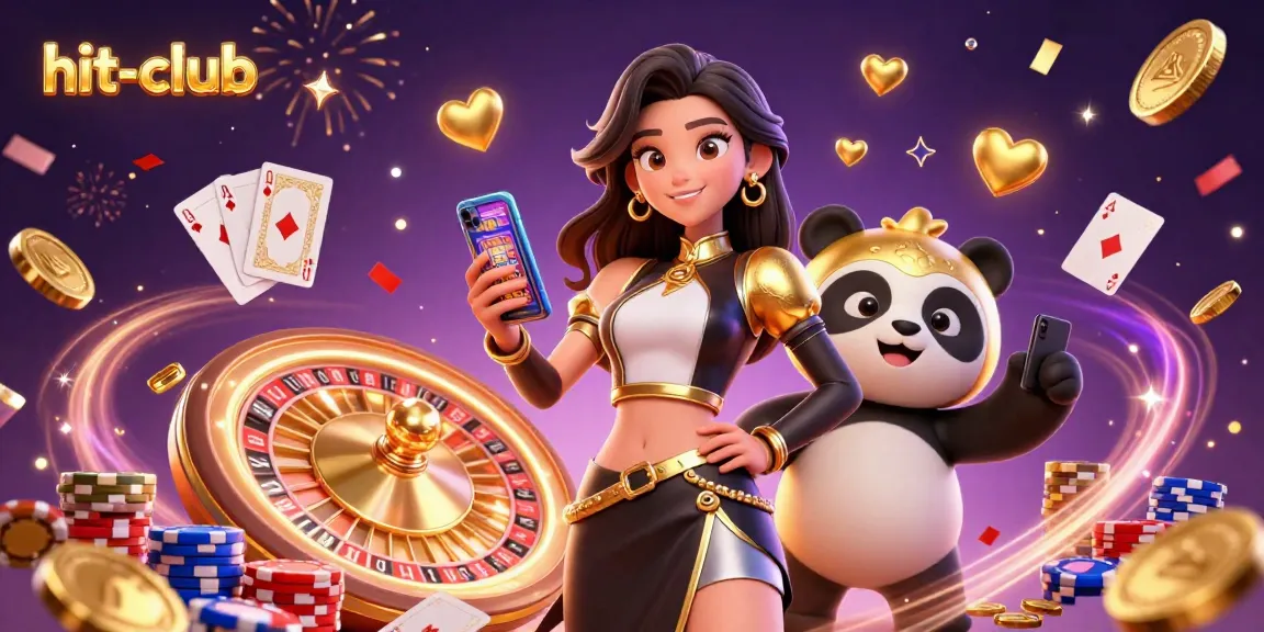 Experience thrilling gaming with hit-club, capturing a joyful moment of a woman with a golden panda in a vibrant online casino.