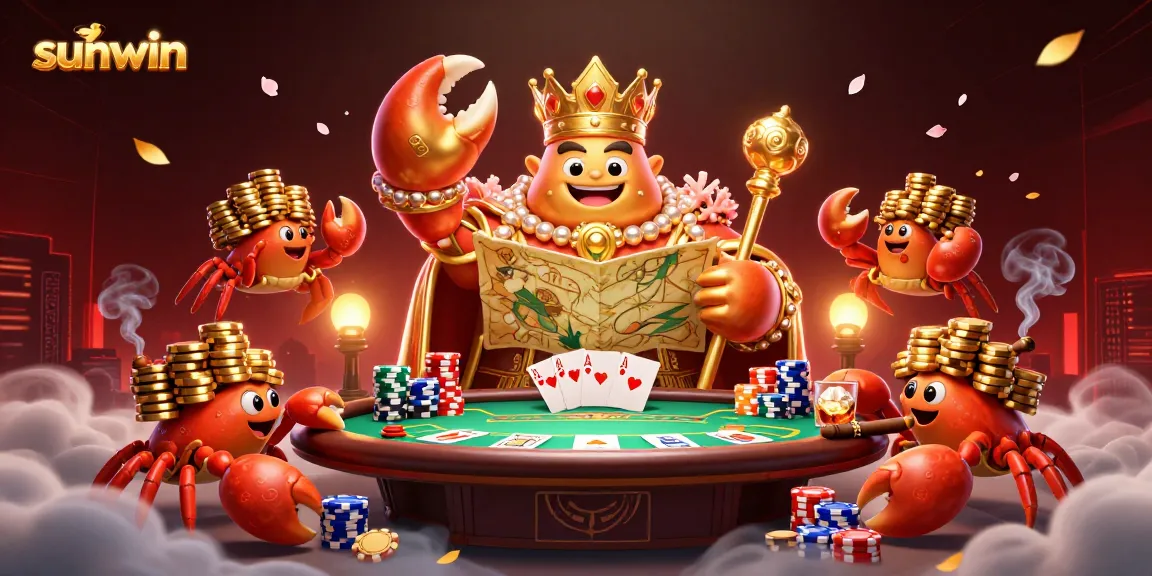 Experience the thrill of sunwin gaming with a golden crab emperor among poker action and vibrant elements.