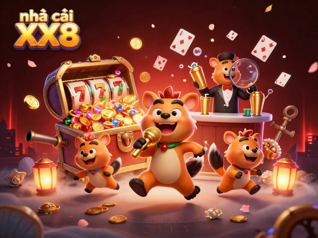 Experience the vibrant casino scene of nhà cái XX8 with lively hyenas performing comedy and bartending.